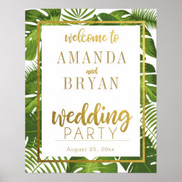 Póster Hojas tropicales y signo boda de bienvenida dorado