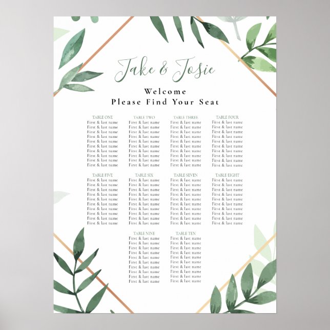 Póster Hojas verdes Elegante Cuadro de asientos de bodas (Frente)
