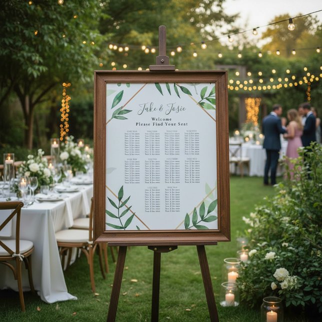 Póster Hojas verdes Elegante Cuadro de asientos de bodas (Green leaves Elegant Wedding Seating Chart.)