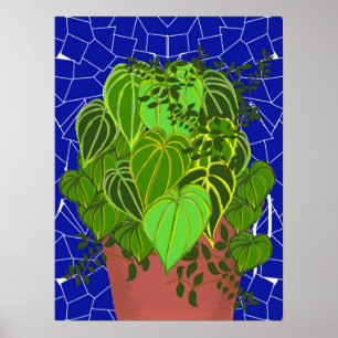Póster Hojas Verdes Lujuriosas en Terracota sobre Mosaico