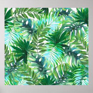 Póster Hojas verdes tropicales, acuarela sin foco.