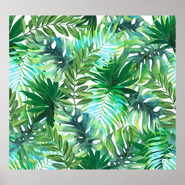 Póster Hojas verdes tropicales, acuarela sin foco. (Frente)
