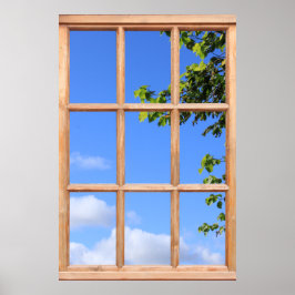 Póster Hojas Verdes y Vista del Cielo de Verano desde una