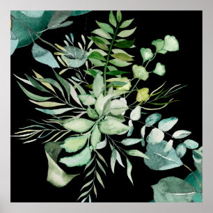 Póster Hojas y flores botánicas de acuarela verde