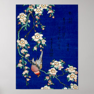 Póster Hokusai Bullfinch en una rama de cerezos llorosos