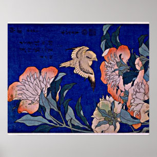 Póster Hokusai: Canario y Peonía