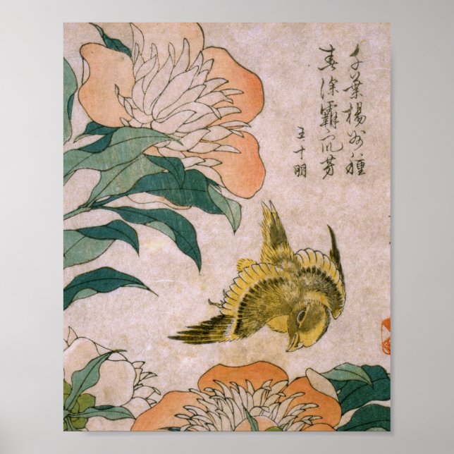 Póster Hokusai Katsushika - Peony Y Canary (Frente)