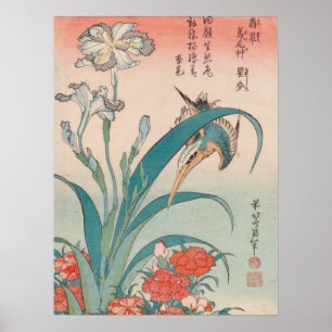 Póster Hokusai Kingfisher Iris y Wild Pinks GalleryHD