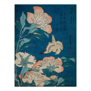 Póster Hokusai Peonies y Canary Vintage GalleryHD