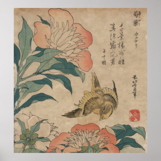 Póster Hokusai Peony y Canary (Frente)