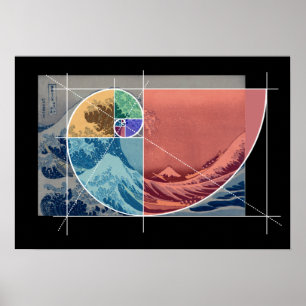 Póster Hokusai resuelve Fibonacci, formas coloreadas