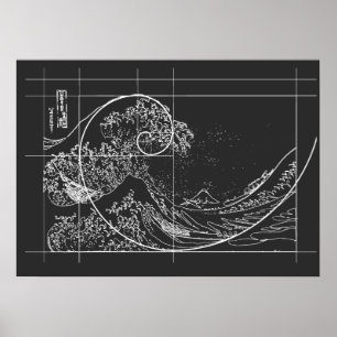 Póster Hokusai se reúne con Fibonacci lineal blanco y neg