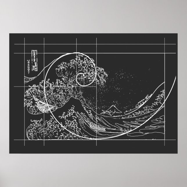 Póster Hokusai se reúne con Fibonacci lineal blanco y neg (Frente)
