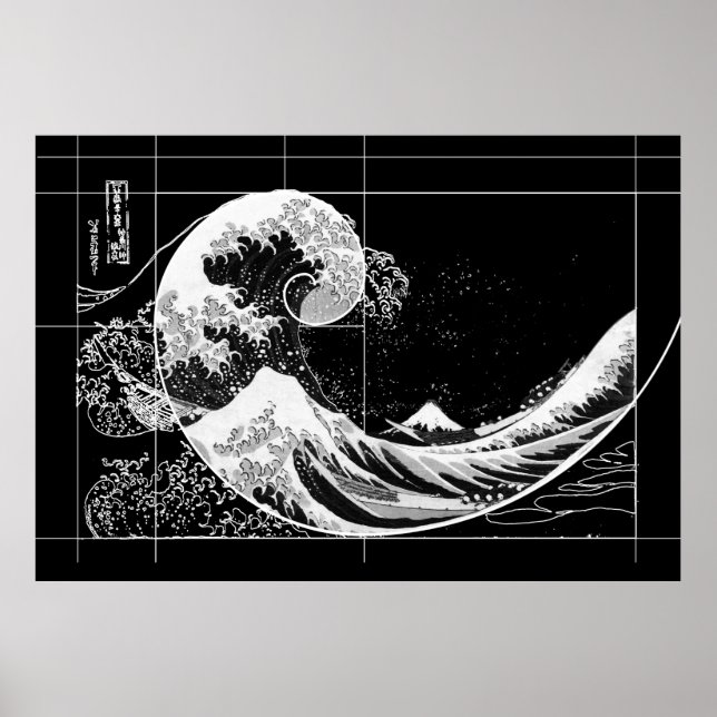 Póster Hokusai se reúne con Fibonacci, negro y blanco (Frente)