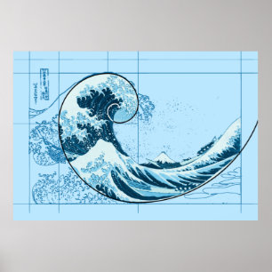 Póster Hokusai se reúne con Fibonacci, Poster Azul