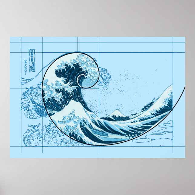 Póster Hokusai se reúne con Fibonacci, Poster Azul (Frente)