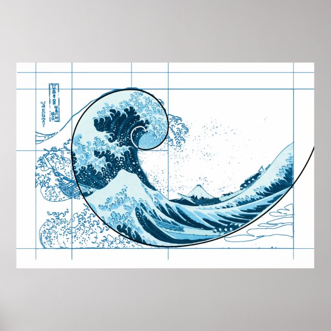 Póster Hokusai se reúne con Fibonacci, Poster Azul (Frente)