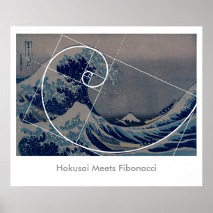 Póster Hokusai se reúne con Fibonacci, proporción dorada