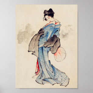 Póster Hokusai: Una mujer parada con un ventilador