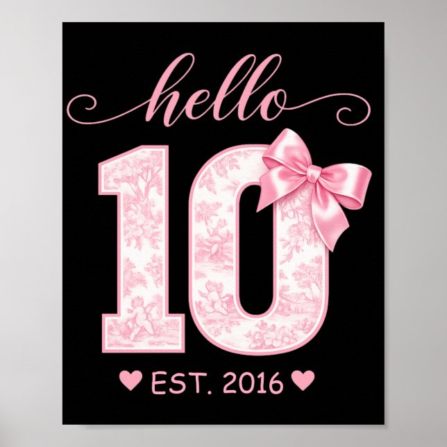 Póster Hola 10 Cumpleaños | Rosa Hola 10 Año Personalizad (Frente)