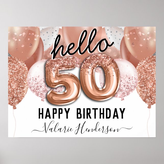 Póster Hola 50 Purpurina rosado Rótulo de los globos de c (Frente)