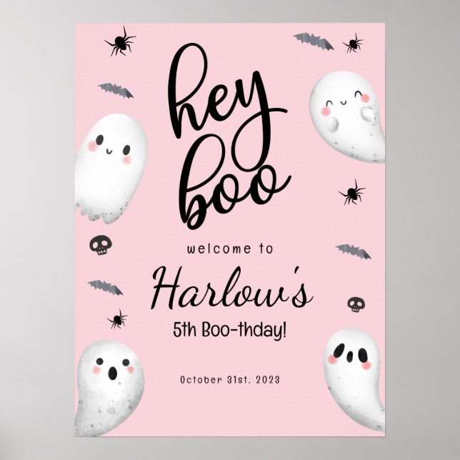 Póster Hola Boo Ghost Rosa Halloween Bienvenida de cumple (Frente)