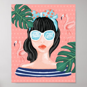 Póster Hola Chica   Flamingo tropical retro de belleza de