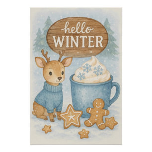 Póster Hola Invierno.Rínter acogedor, Cacao caliente, Gin