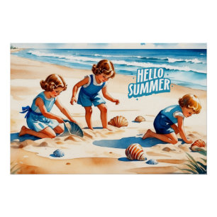 Póster Hola niños de verano retro jugando en una playa