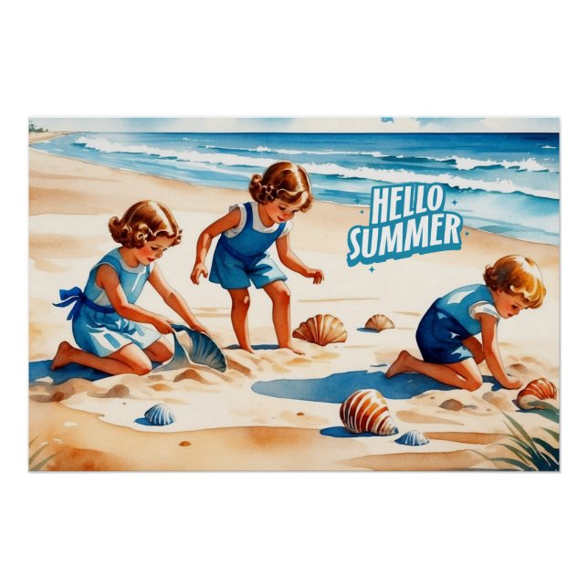 Póster Hola niños de verano retro jugando en una playa (Anverso)