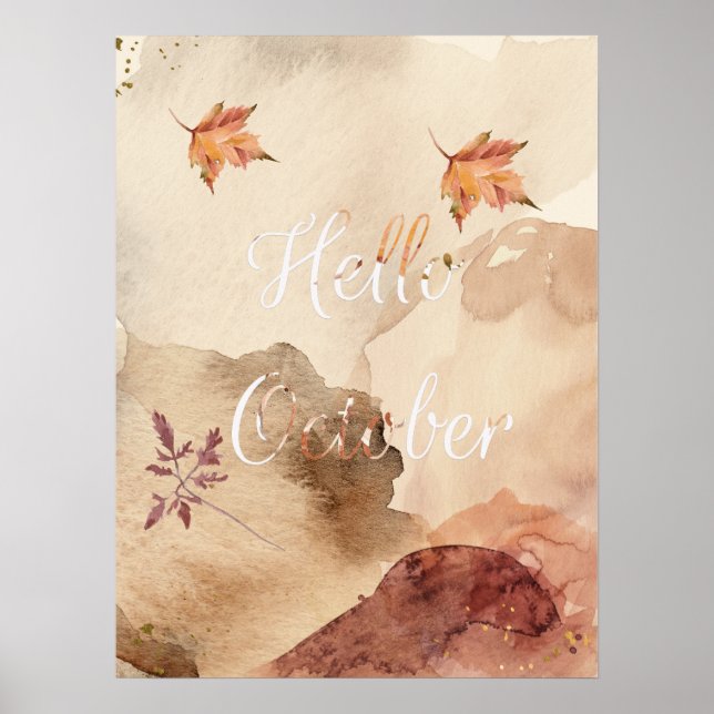 Póster Hola Octubre Watercolor Hojas de arce marrones (Frente)