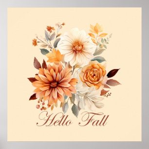 Póster Hola otoño Acuarela flores silvestres hojas otoño