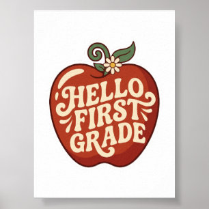 Póster Hola Primer Grado Manzana Retro Regreso a la escue