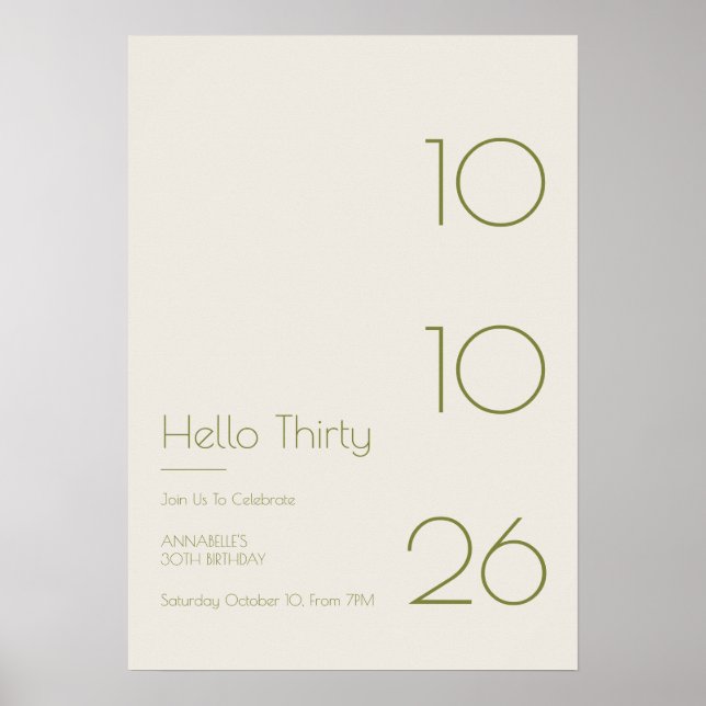 Póster Hola Treinta Cumpleaños Mínimo Moderno 30 (Frente)