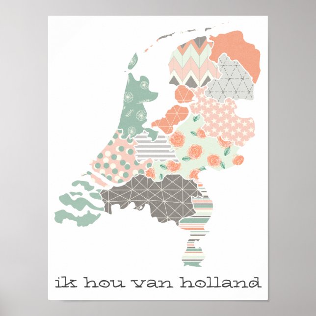 Póster Holanda Mapa de la Provincia Estilo de Parche Geom (Frente)
