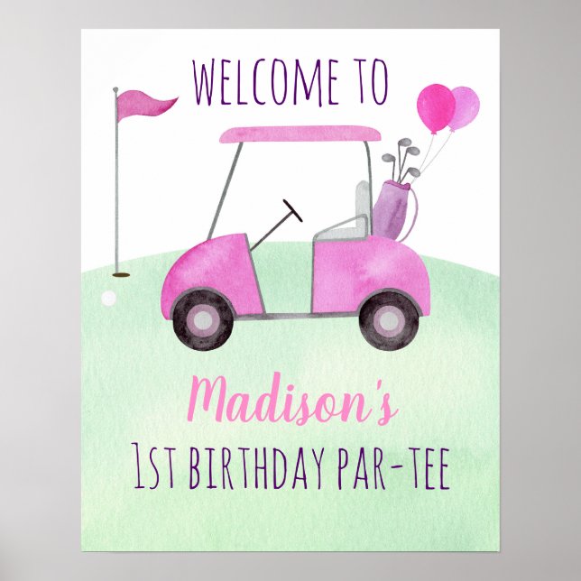 Póster Hole In One Pink Golf Birthday Par-tee Welcome (Frente)