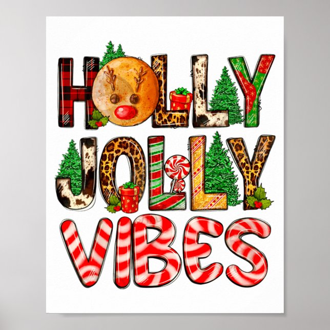 Póster Holly A Jolly Vibes Reindeer Christmas Trees Light (Frente)