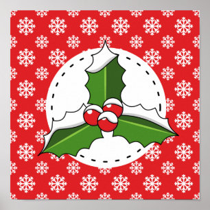 Póster Holly Berry sobre el patrón de copos de nieve blan