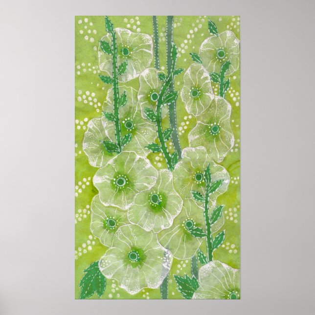 Póster Hollyhock Mallow Malva Flor Collage Verde (Frente)