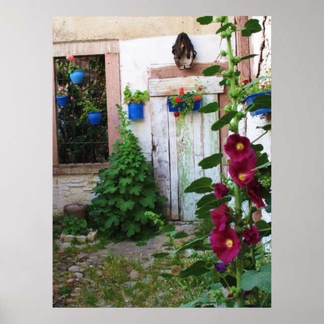 Póster Hollyhocks y flores del jardín inglés (Frente)