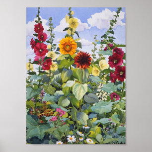 Póster Hollyhocks y girasoles 2005