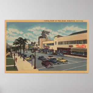 Póster Hollywood, CALooking South on Vine Street View