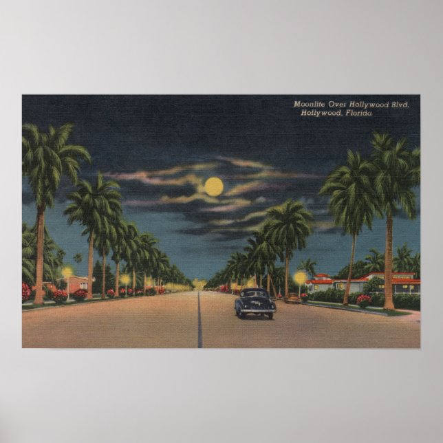 Póster Hollywood, FL - Moonlight View over Hollywood (Frente)