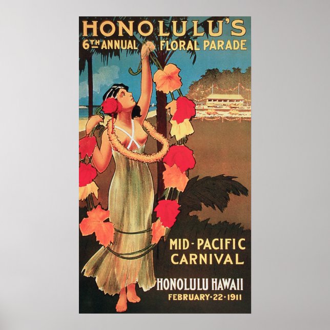 Póster Hololulu, Hawaii 6º Desfile Anual Floral 1911 (Frente)