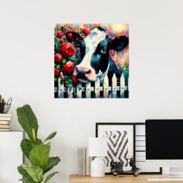Póster Holstein Cow Picket Fence Red Roses Black Red