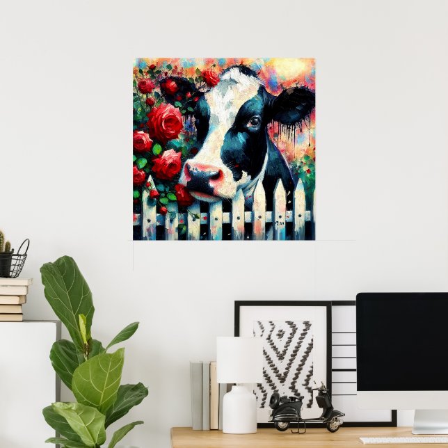 Póster Holstein Cow Picket Fence Red Roses Black Red (Oficina en casa)