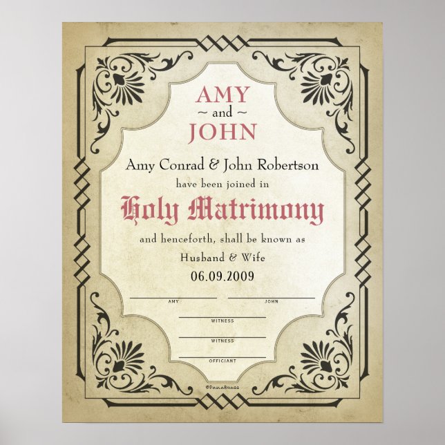 Póster Holy Matrimony Husband Wife Wedding Certificate (Frente)