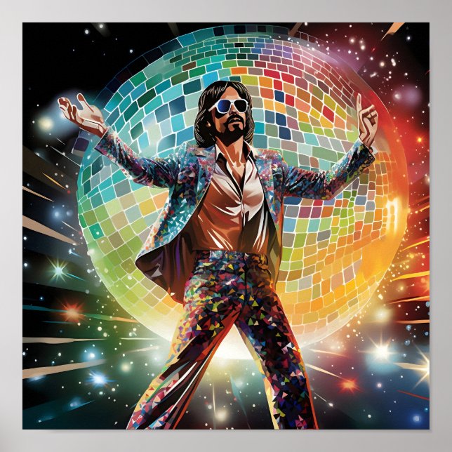 Póster Hombre bailarín frente a Disco Ball (Frente)