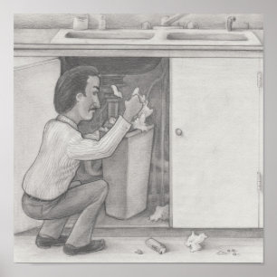 Póster Hombre buscando en la basura de un armario de coci