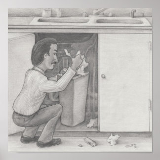 Póster Hombre buscando en la basura de un armario de coci